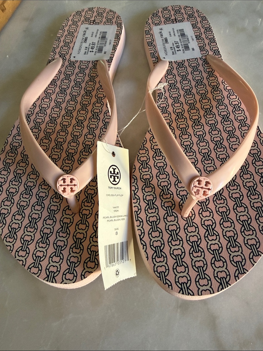 Tory Burch Blush Pink Logo Chain-Print Flip Sandals